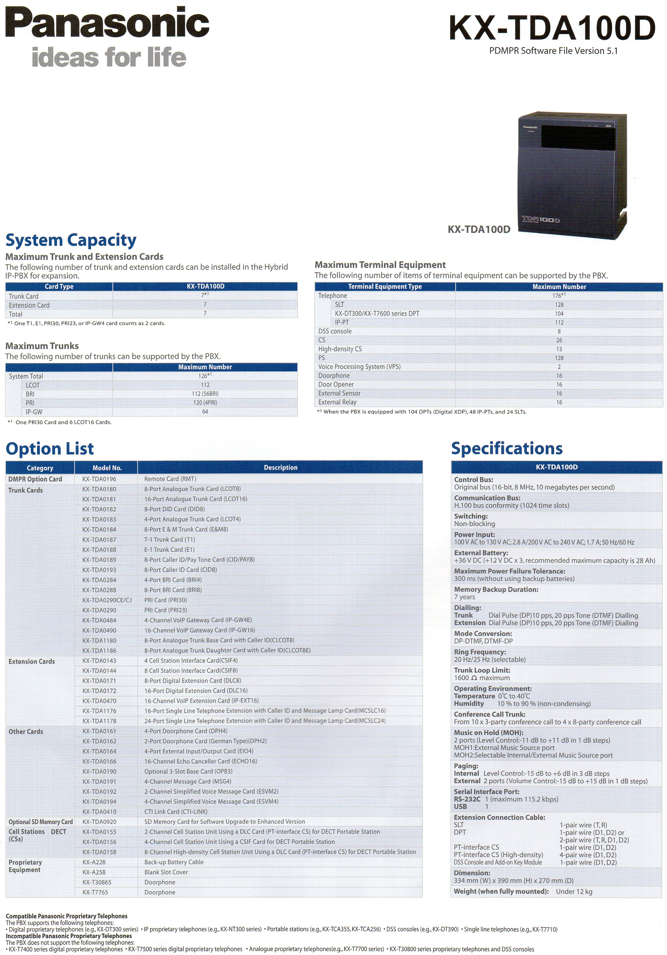 Specifcations KX-TDA100D